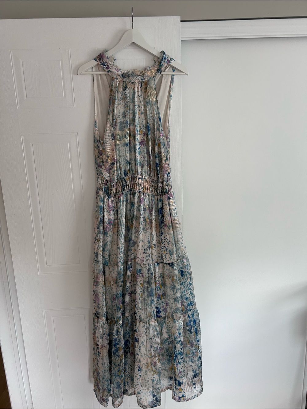 Anthropologie Sheer Floral Tiered Maxi Dress in Blue and Cream
